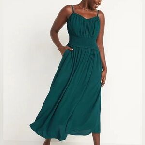 NWT Smocked-Waist Fit & Flare Cami Midi Dress,  Jet Stream (Teal)